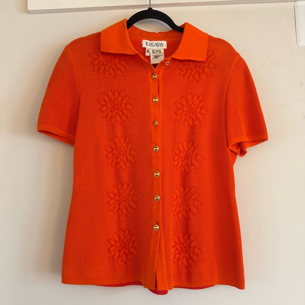 Vintage Escada Margaretha Ley Orange Floral Knit Short Sleeve Gold Logo Buttons